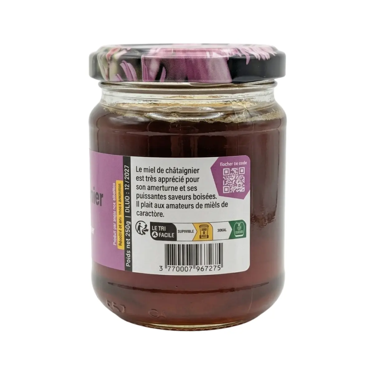 Étiquette du miel de châtaignier du Périgord Le Rucher du Marandou avec informations produit et origine