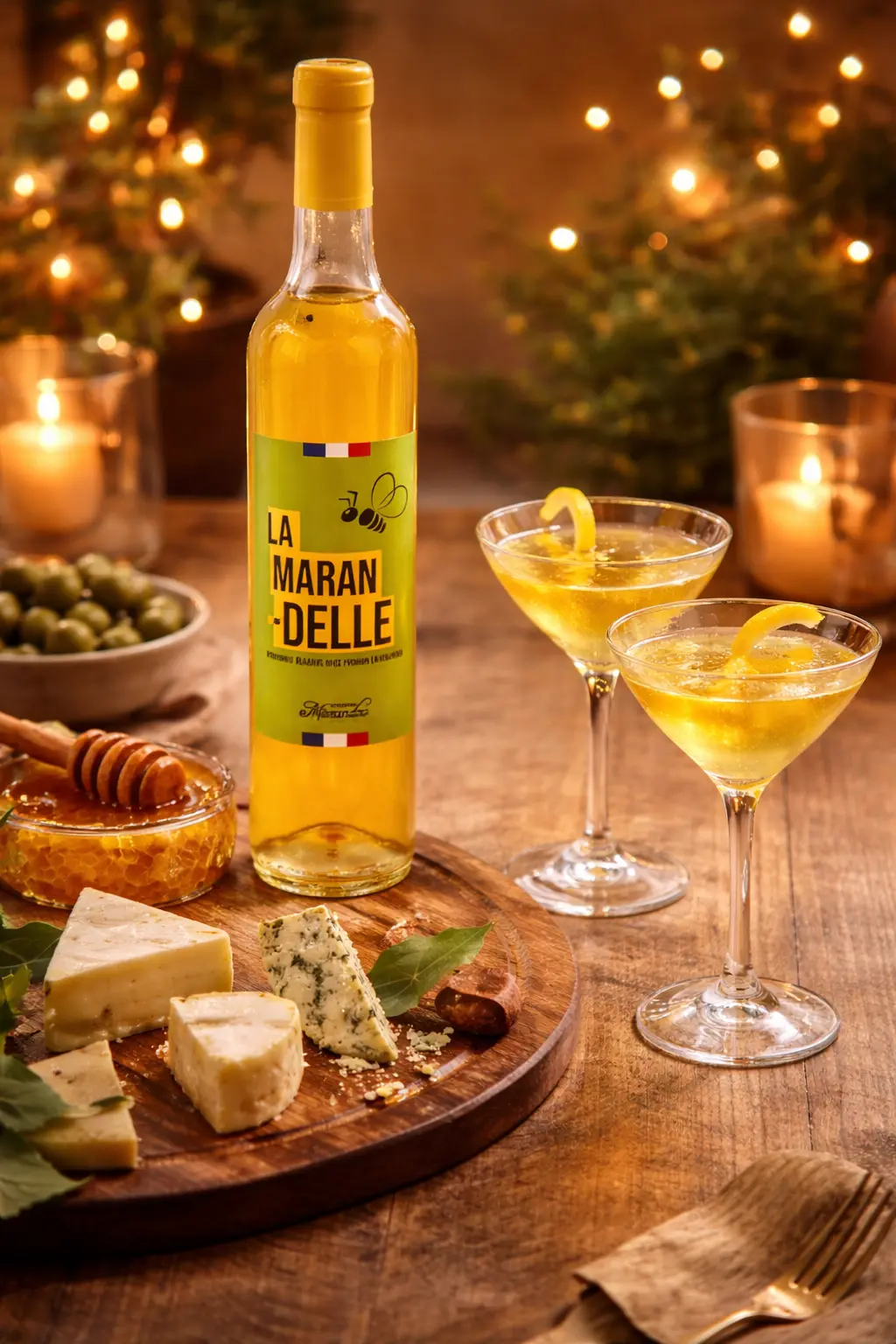 La Marandelle - Mise en scène gourmande Hydromel artisanal La Marandelle du Rucher du Marandou servi en verres à martini lors d’un apéritif chic