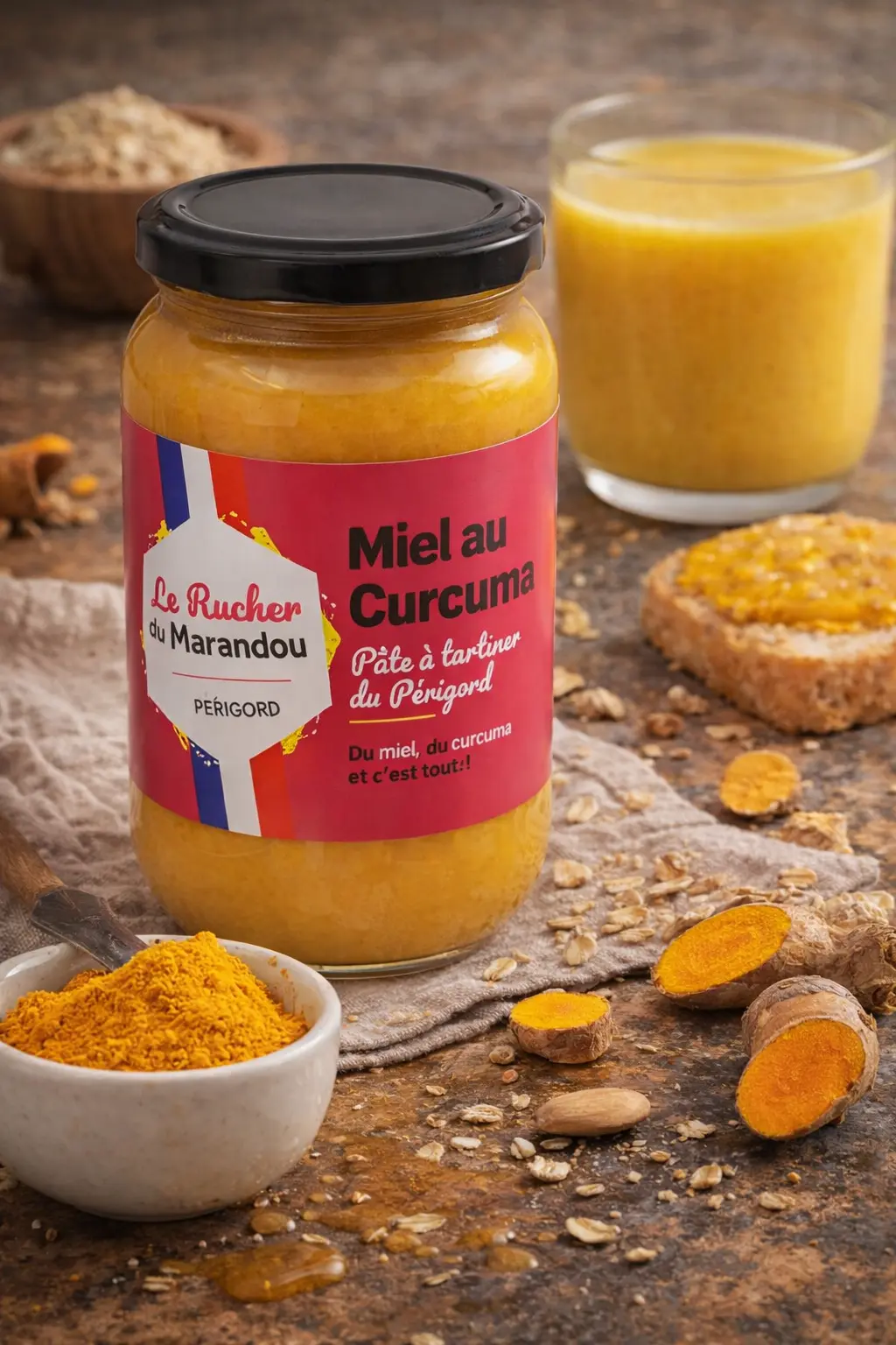 Miel au curcuma et douceurs artisanales Pot de miel au curcuma du Périgord du Rucher du Marandou servi avec lait doré et poudre de curcuma