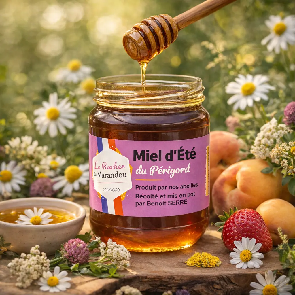 Miel d'Été et fruits estivaux Pot de miel d’été du Périgord du Rucher du Marandou avec fruits et fleurs estivales en arrière-plan