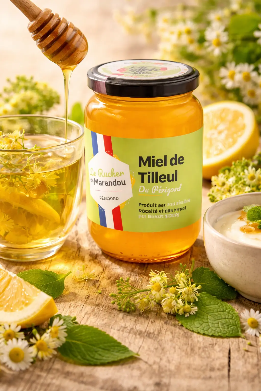 Miel de Tilleul et thé au tilleul Pot de miel de tilleul du Périgord du Rucher du Marandou accompagné d’une infusion au tilleul et de citron sur table en bois