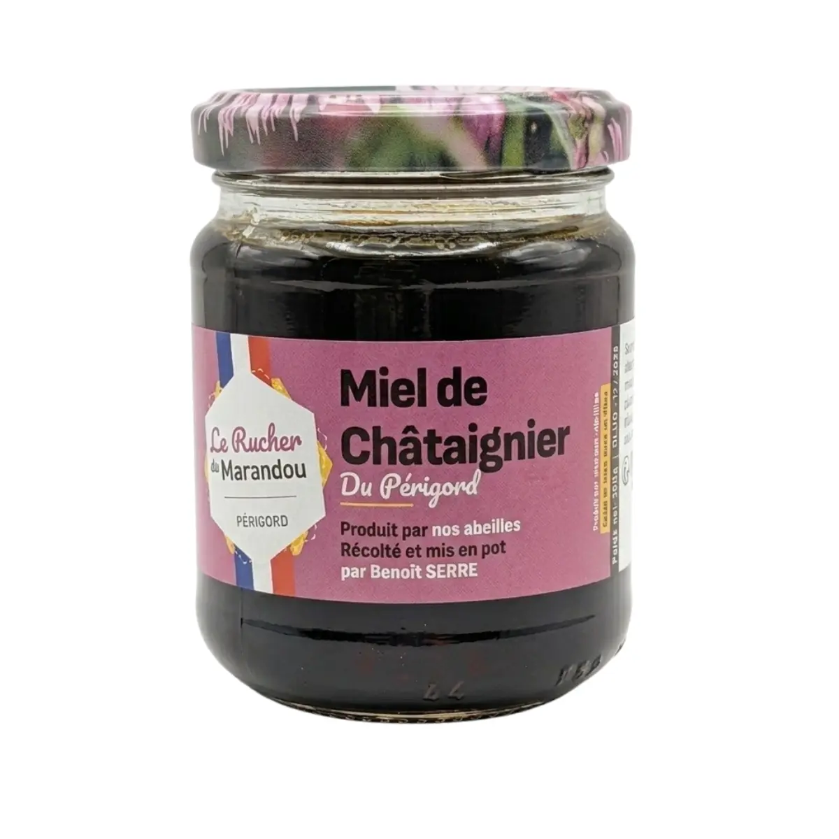 Miel de châtaignier du Périgord produit par Le Rucher du Marandou, miel artisanal français foncé en pot