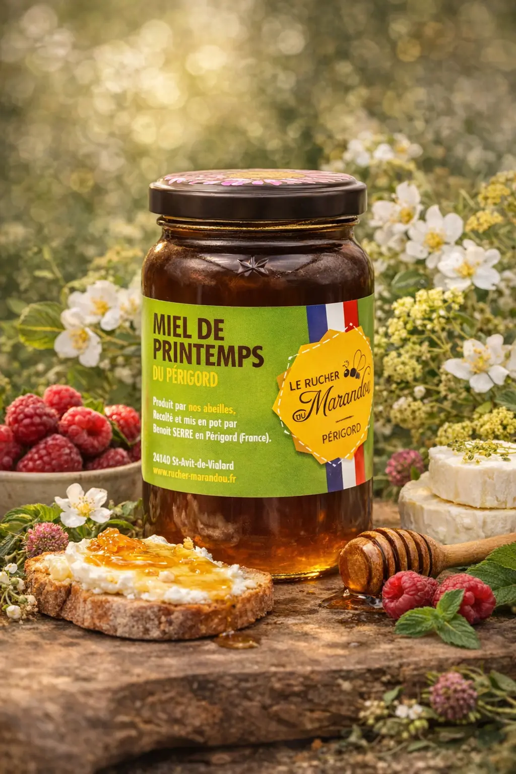 Miel de printemps du Périgord – Association gourmande Pot de miel de printemps du Périgord du Rucher du Marandou avec tartine, fromage frais et framboises en mise en scène printanière
