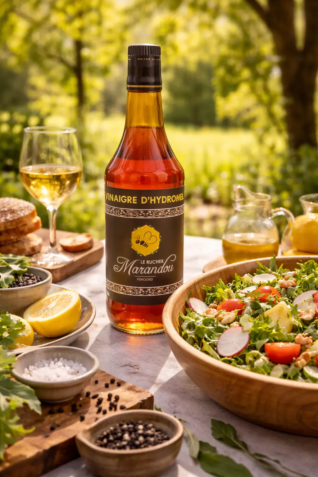 Vinaigre d'Hydromel - Mise en scène gourmande - déjeuner d'été Vinaigre d’hydromel du Périgord Le Rucher du Marandou posé sur une table de jardin avec salade de saison au soleil