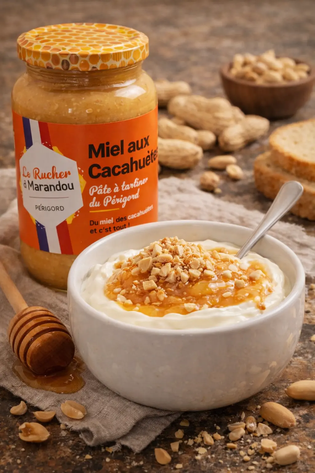 Miel aux cacahuètes et yaourt Miel aux cacahuètes du Périgord du Rucher du Marandou servi sur du fromage blanc avec éclats de cacahuètes