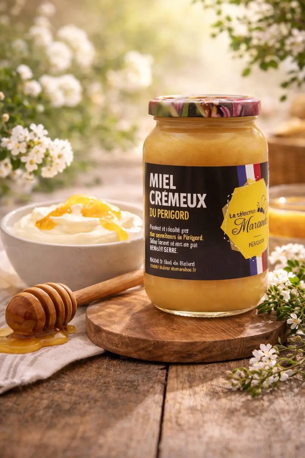 Miel crémeux du Périgord et yaourt Pot de miel crémeux du Périgord du Rucher du Marandou avec fromage blanc et filet de miel