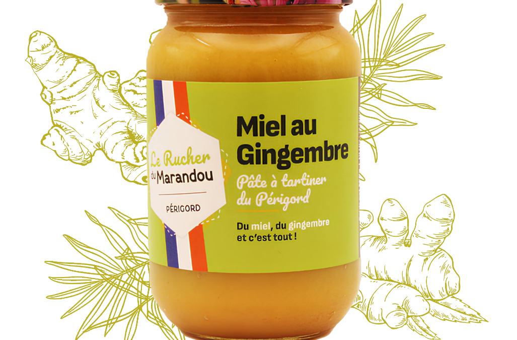 Miel au gingembre artisanal du Périgord – pot en verre du Rucher du Marandou