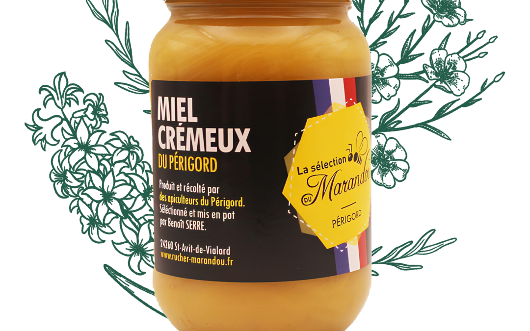 Pot de miel crémeux 500 g du Rucher du Marandou, miel artisanal du Périgord.