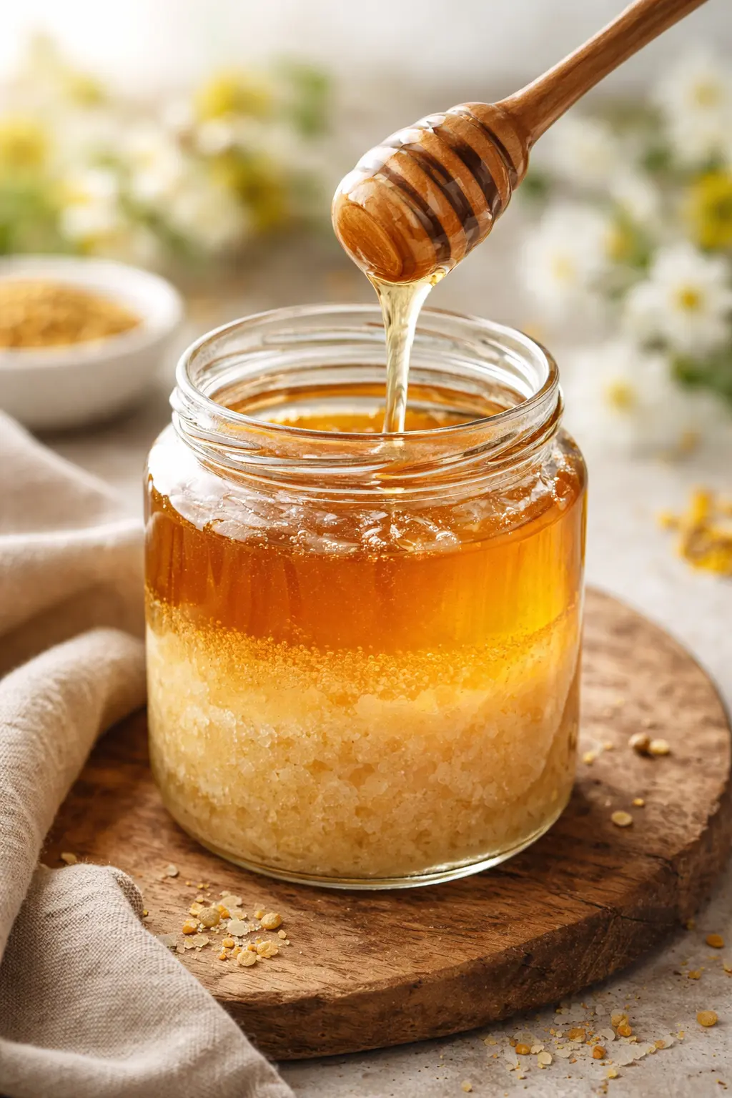 Miel déphasé : séparation naturelle entre phase liquide et cristallisée Miel déphasé dans un pot en verre, avec une couche liquide en surface et une couche cristallisée au fond<br />