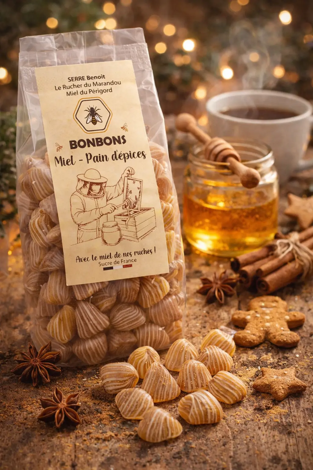 Bonbons au miel à la saveur pain d'epices - Mise en scène gourmande Bonbons artisanaux au miel du Périgord saveur pain d’épices – Rucher du Marandou, mise en scène hivernale avec cannelle, badiane et miel