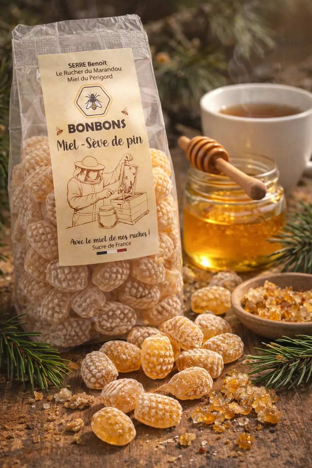 Bonbons au miel saveur sève de pin - Mise en scène gourmande Bonbons artisanaux au miel du Périgord saveur sève de pin en sachet, présentés avec pot de miel, branches de pin et résine naturelle
