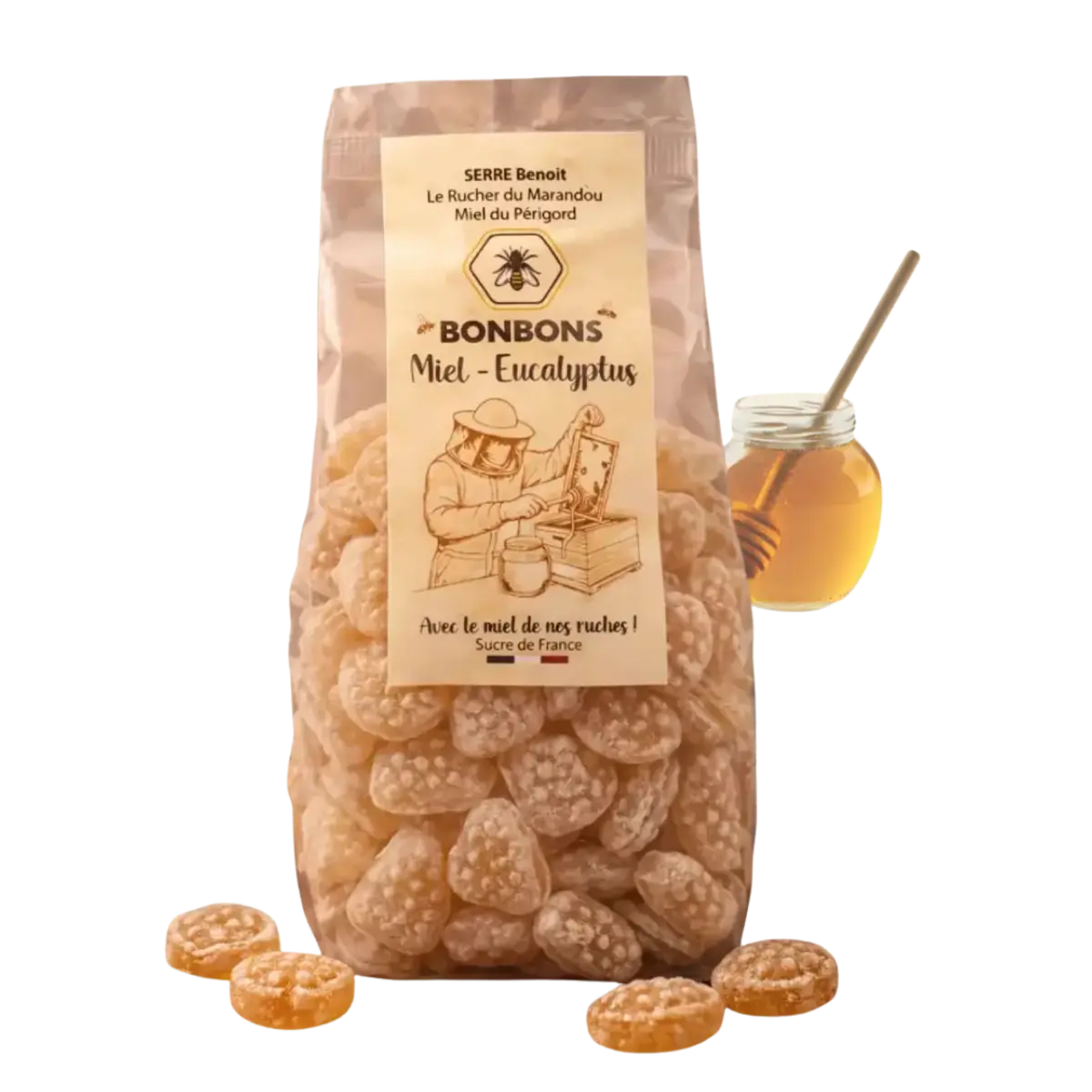 Bonbons artisanaux au miel du Périgord saveur eucalyptus, sachet de 180 g