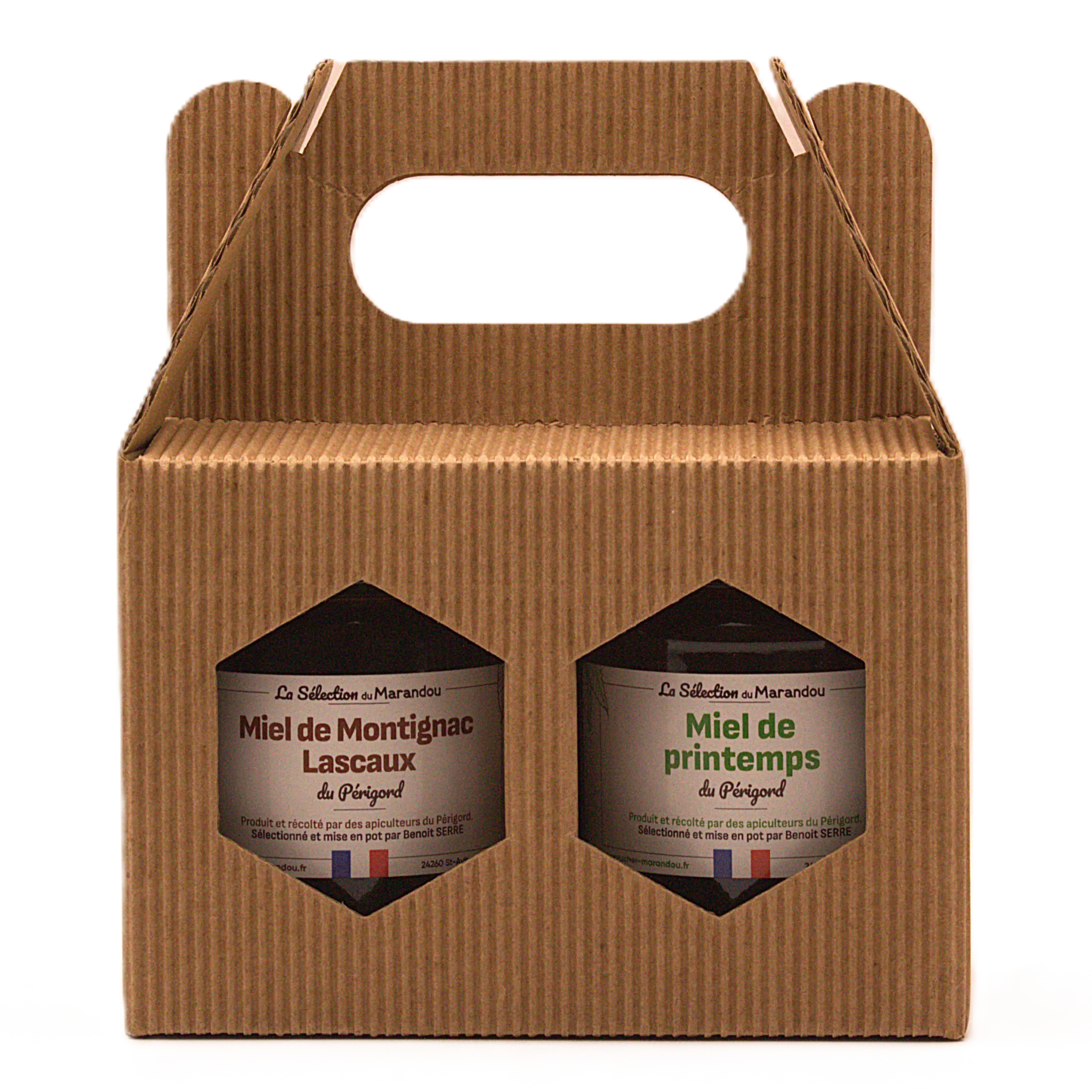 Coffret cadeau de deux miels du Périgord, miel de Montignac-Lascaux et miel de Printemps Sélection en pots de 250g