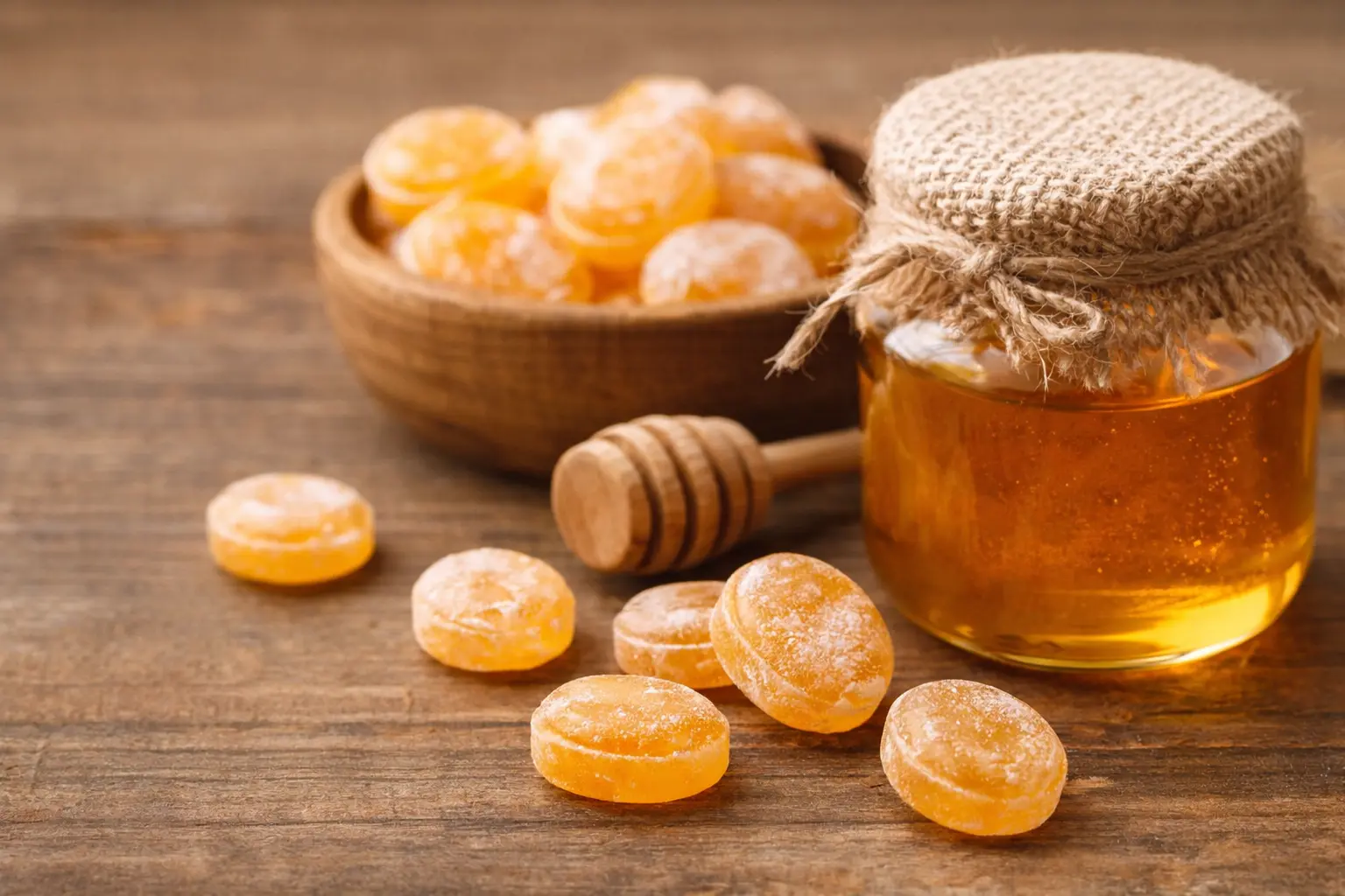 Bonbons au miel artisanaux et pot de miel sur table en bois, illustration naturelle des ingrédients Bonbons au miel artisanaux et pot de miel, illustration des ingrédients naturels