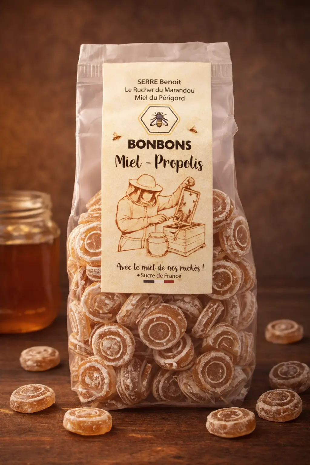 Bonbons au miel du Périgord & Propolis – 180 g Bonbons au miel du Périgord et propolis artisanaux en sachet de 180 g