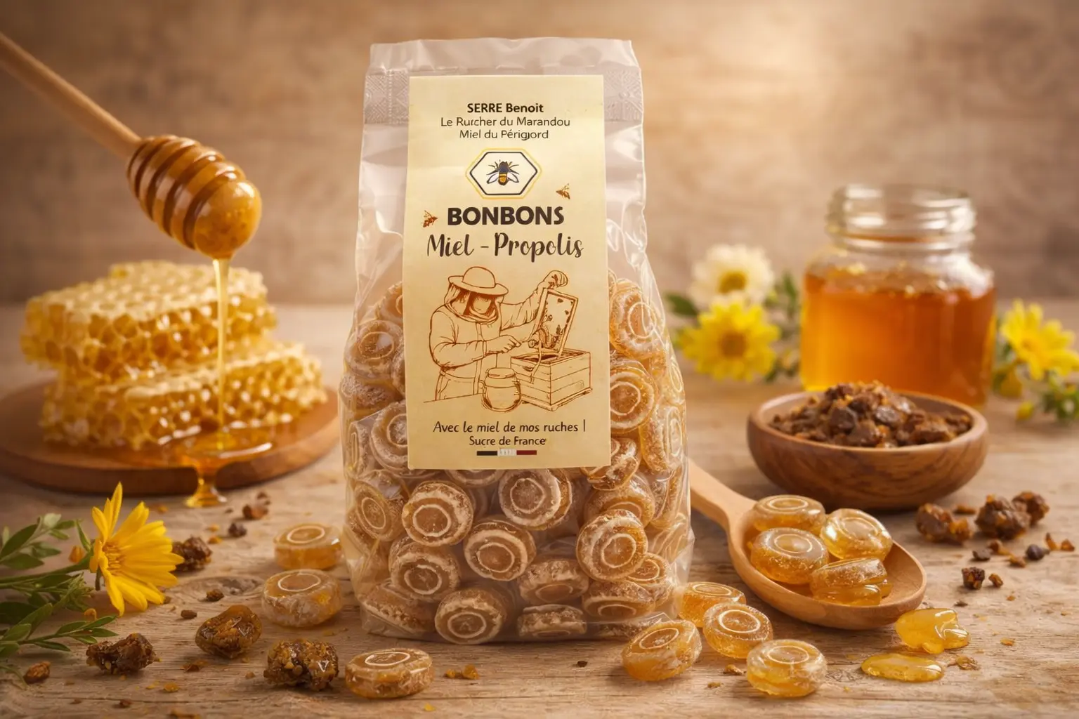 Bonbons miel et propolis artisanaux Bonbons au miel et à la propolis artisanaux, issus du miel du Périgord, présentés dans leur sachet avec miel et alvéoles en arrière-plan