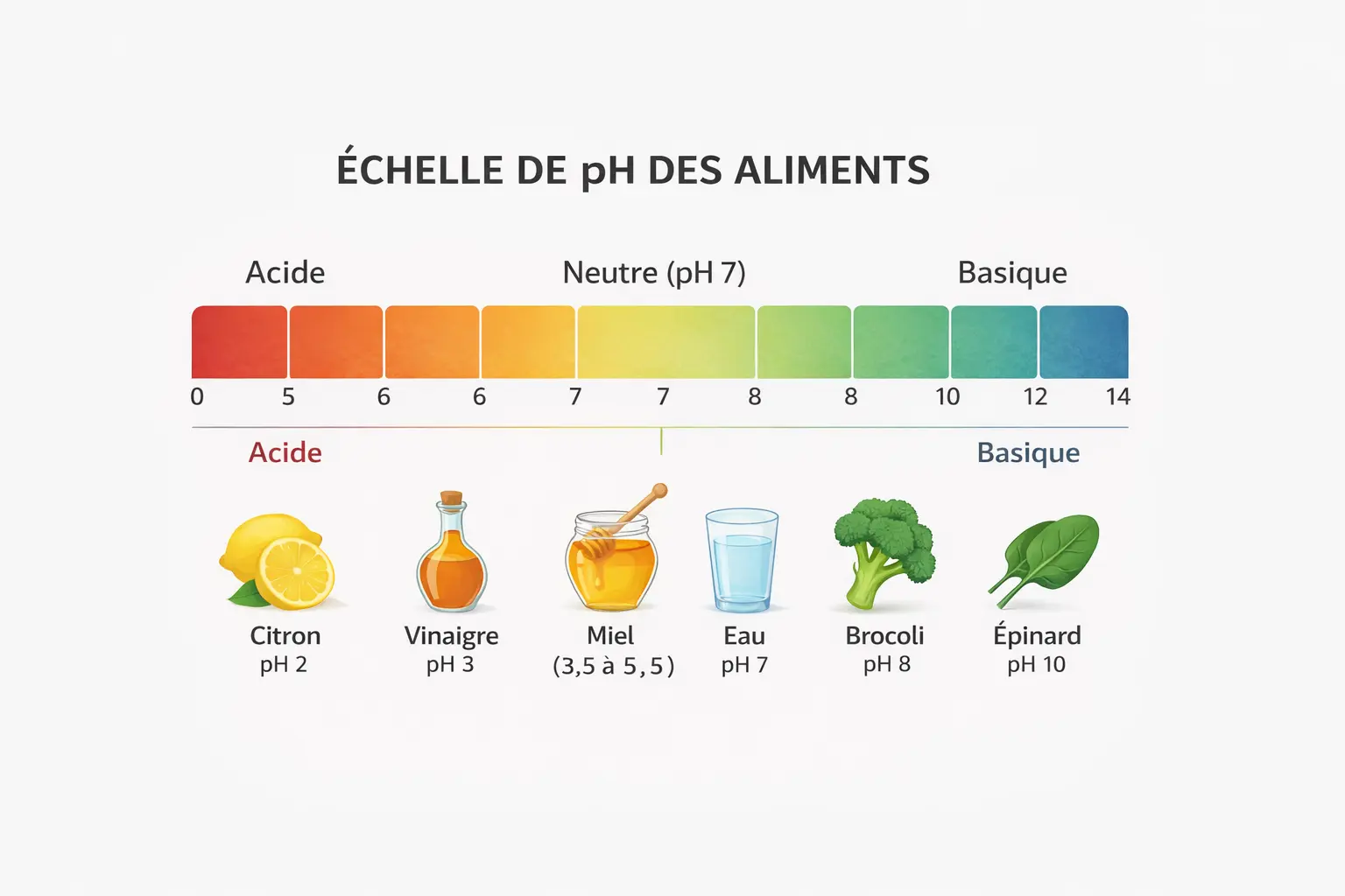 Échelle de pH des aliments – position du miel Échelle de pH des aliments montrant la position du miel dans la zone acide, entre 3,5 et 5,5.