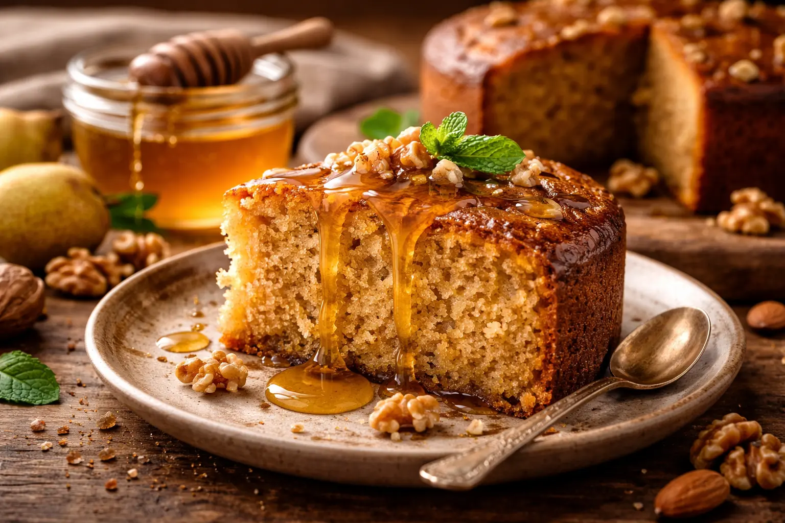 Part de gâteau au miel moelleux, nappée de miel doré, présentée pour un dessert gourmand de Saint-Valentin