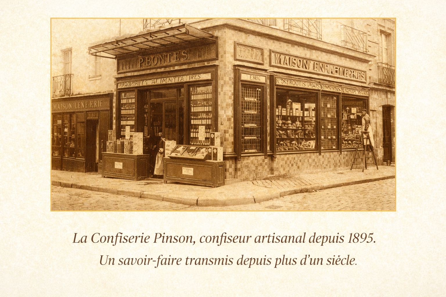 La Confiserie Pinson, artisanat depuis 1895 Façade historique de la Confiserie Pinson, confiseur artisanal français depuis 1895