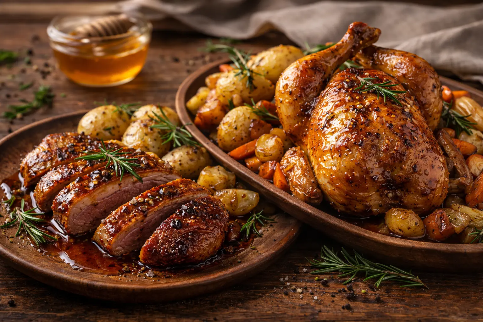 Magret de canard laqué au miel et poulet rôti au miel, plat gourmand pour un dîner de Saint-Valentin