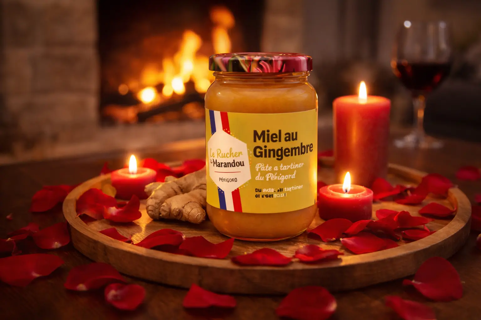 Pot de miel au gingembre artisanal du Périgord mis en scène dans une ambiance romantique avec bougies et pétales de rose