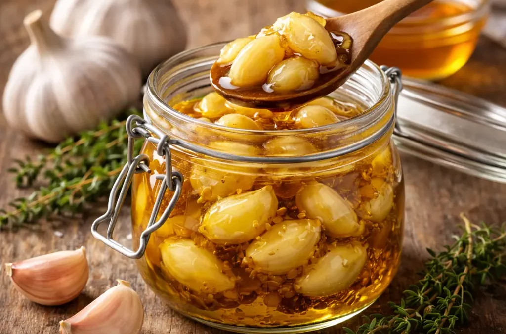 Bocal d’ail confit au miel, gousses d’ail fondantes dans une huile dorée, avec miel, thym et ail frais sur table rustique