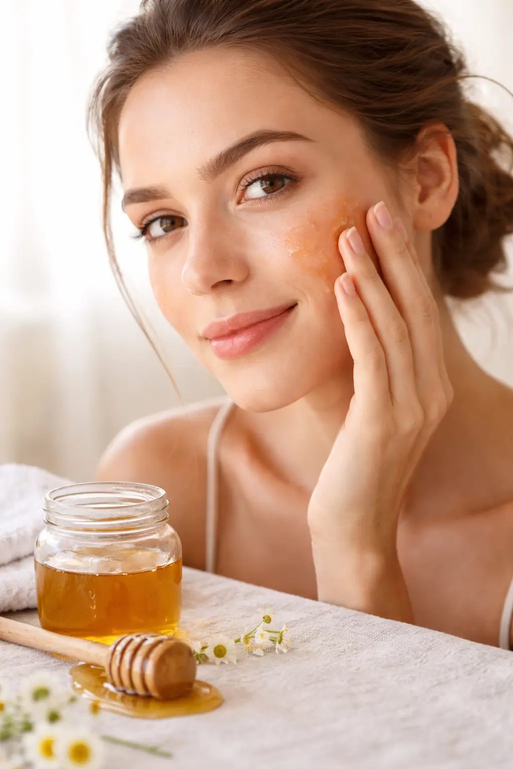 Femme appliquant un masque au miel cru sur le visage pour un soin naturel de la peau
