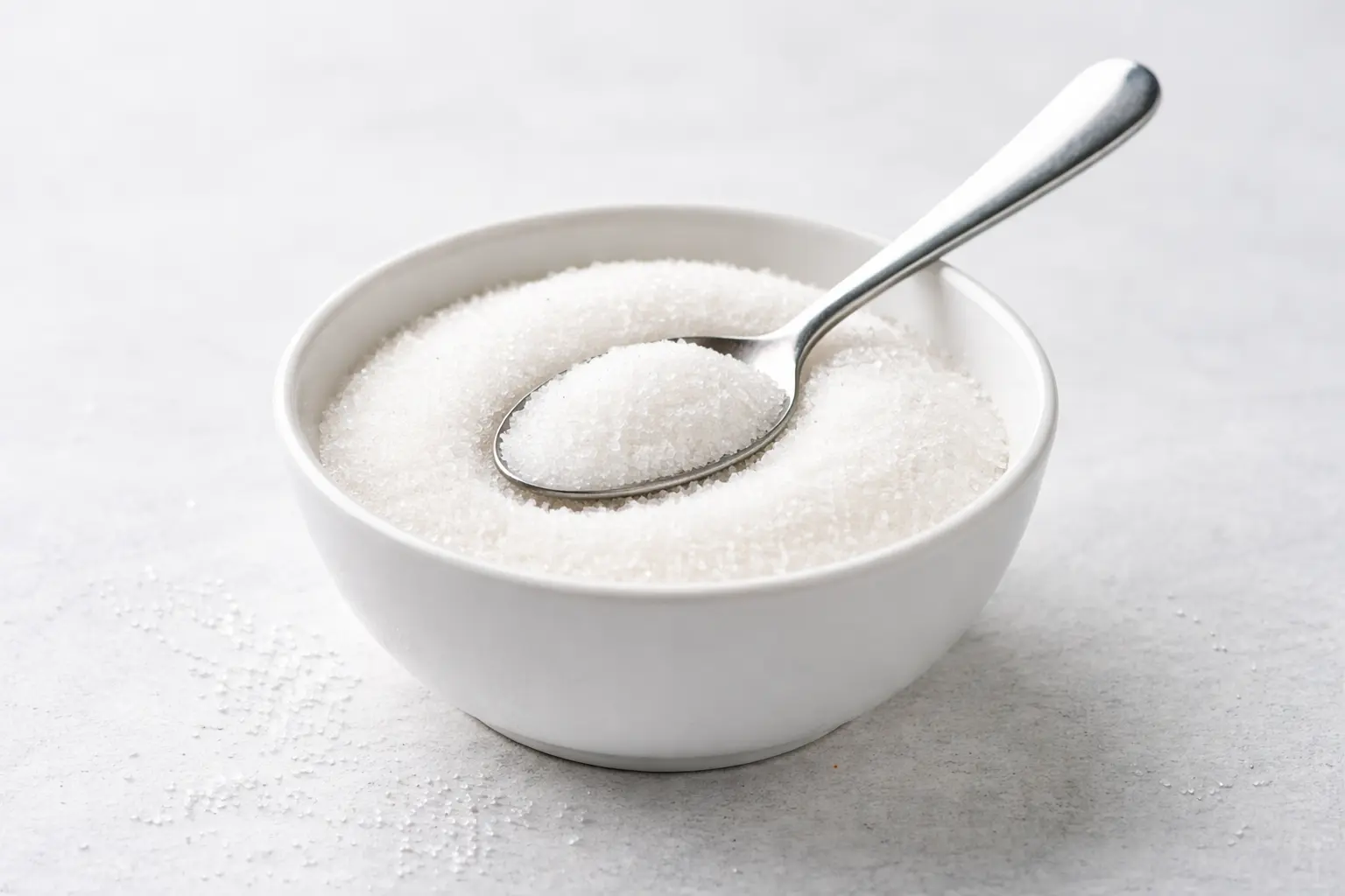 Bol de sucre blanc raffiné avec cuillère métallique sur fond clair
