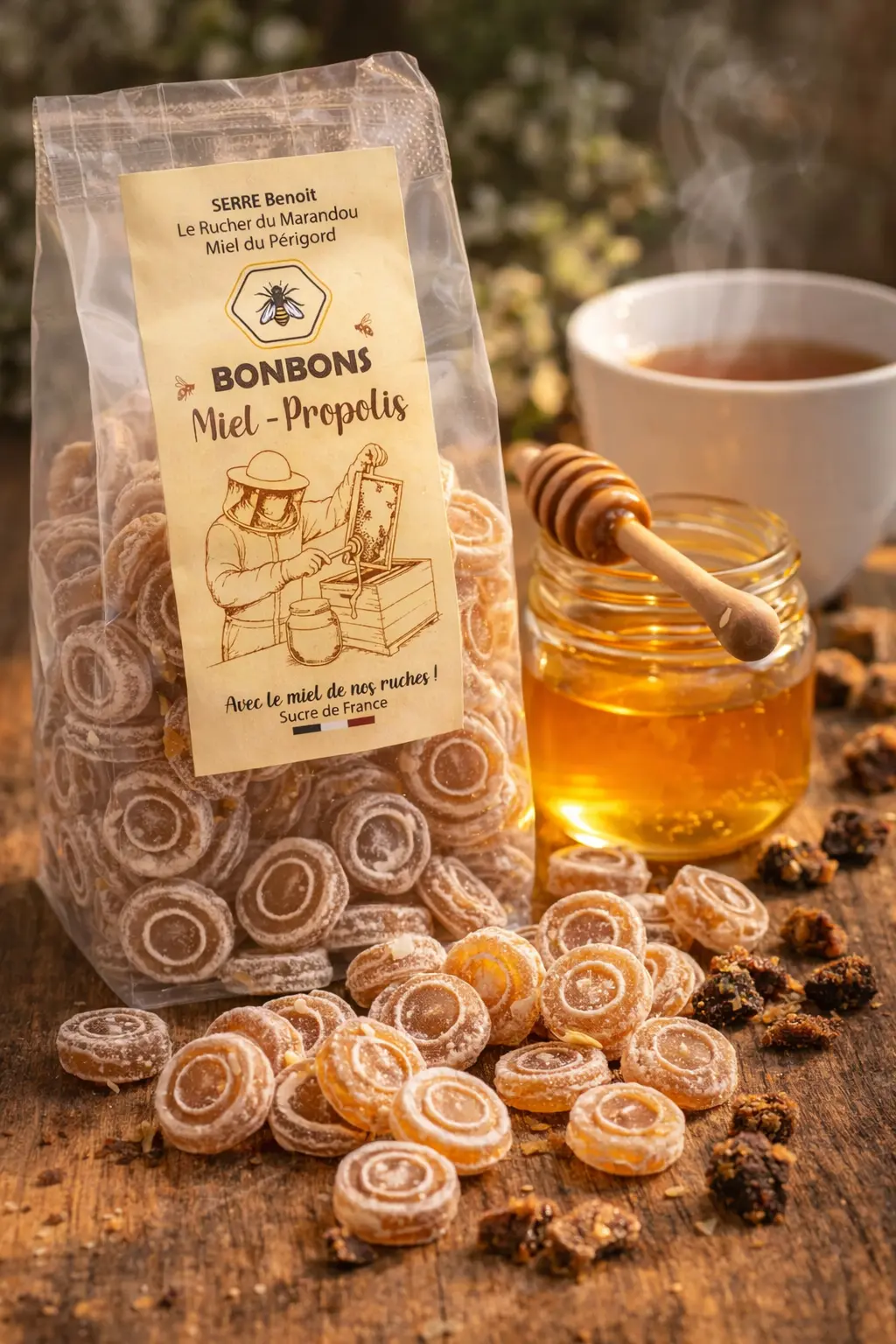 Bonbons au miel et propolis - Mise en scène gourmande Bonbons artisanaux au miel du Périgord et propolis en sachet, versés sur une table en bois avec pot de miel, propolis et tasse de thé
