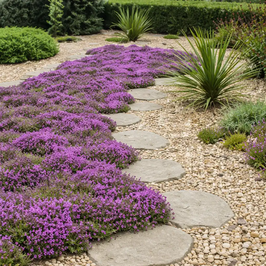 Chemin de jardin bordé de thym en fleurs violettes, plante aromatique mellifère appréciée des abeilles