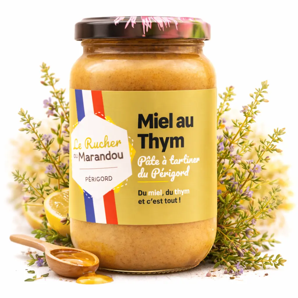 Pot de miel au thym du Périgord, miel français crémeux au thym, fabriqué artisanalement par le Rucher du Marandou