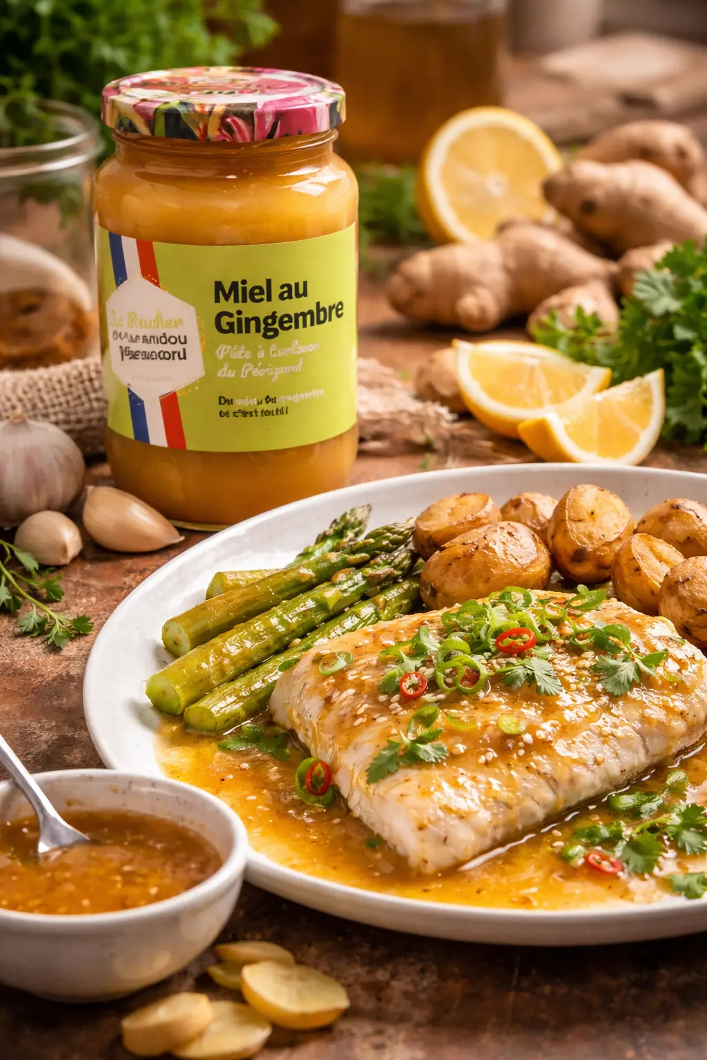 Miel au gingembre et poisson au plat Miel au gingembre du Périgord en marinade sur filet de poisson avec citron et herbes fraîches
