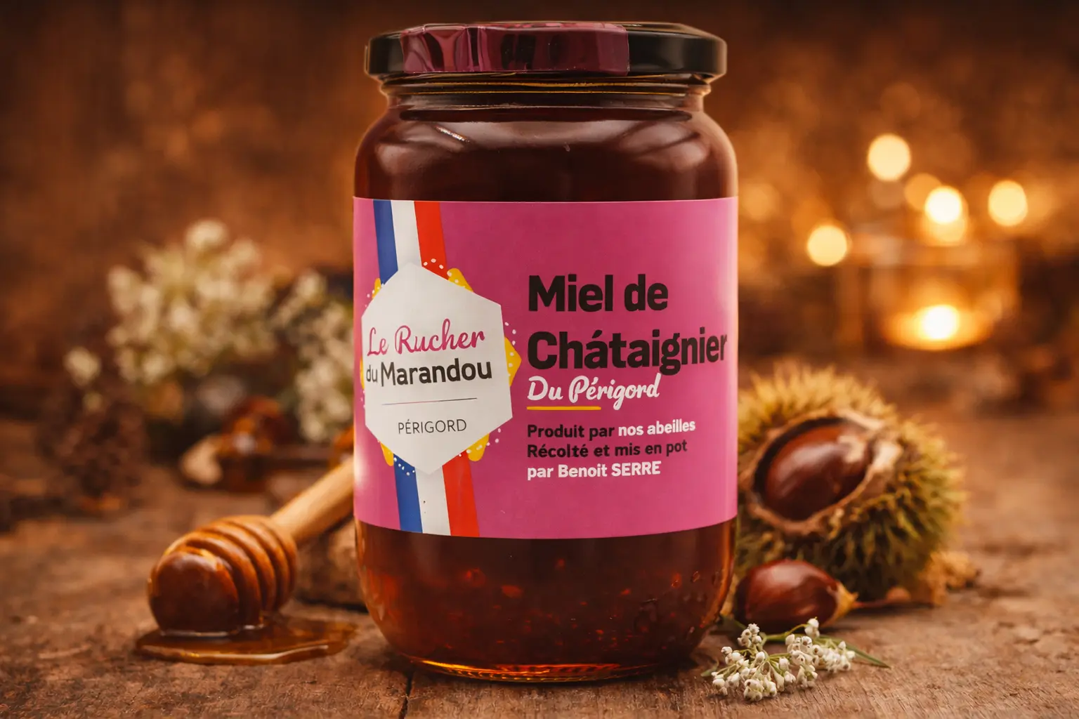 Pot de miel de châtaignier du Périgord extrait à froid – Le Rucher du Marandou