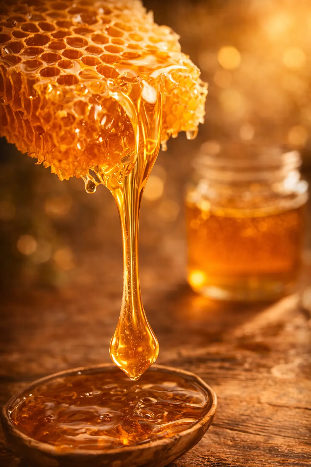 Rayon de miel doré laissant couler un filet de miel naturel riche en antioxydants