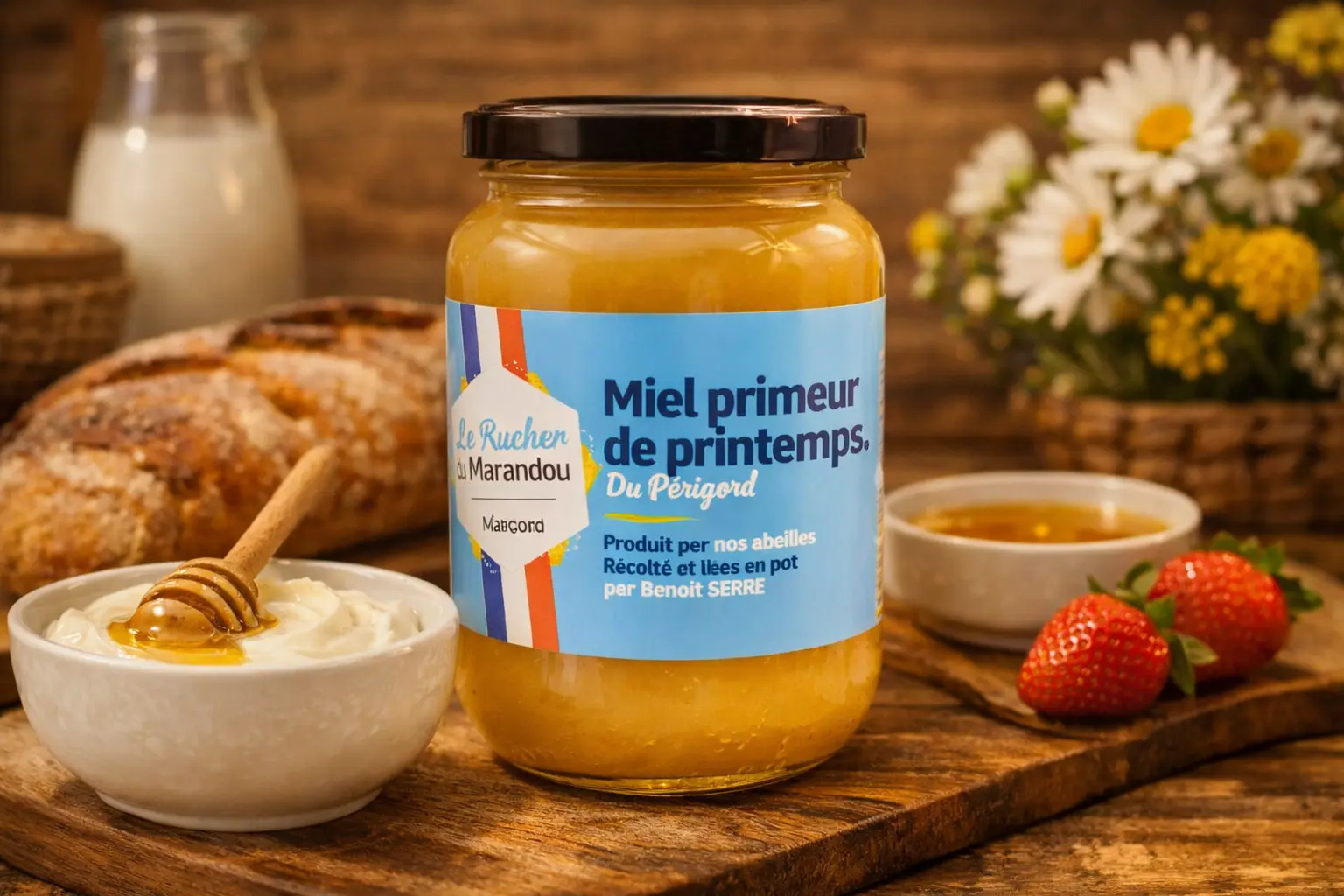 Miel primeur de printemps du Périgord – Le Rucher du Marandou Pot de miel primeur de printemps du Périgord Le Rucher du Marandou dans une ambiance chaleureuse et artisanale