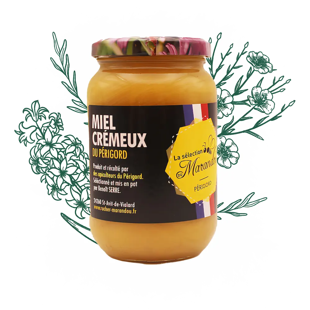 Miel crémeux 500 g – Rucher du Marandou Pot de miel crémeux 500 g du Rucher du Marandou, miel artisanal du Périgord.