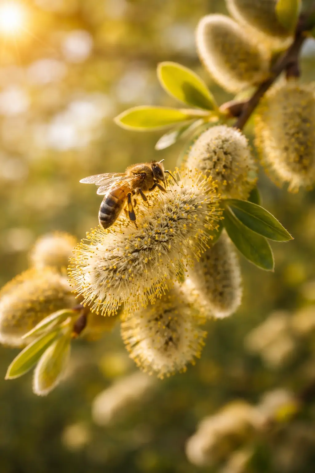 Abeille butinant les chatons de saule Abeille butinant les chatons d’un saule au printemps