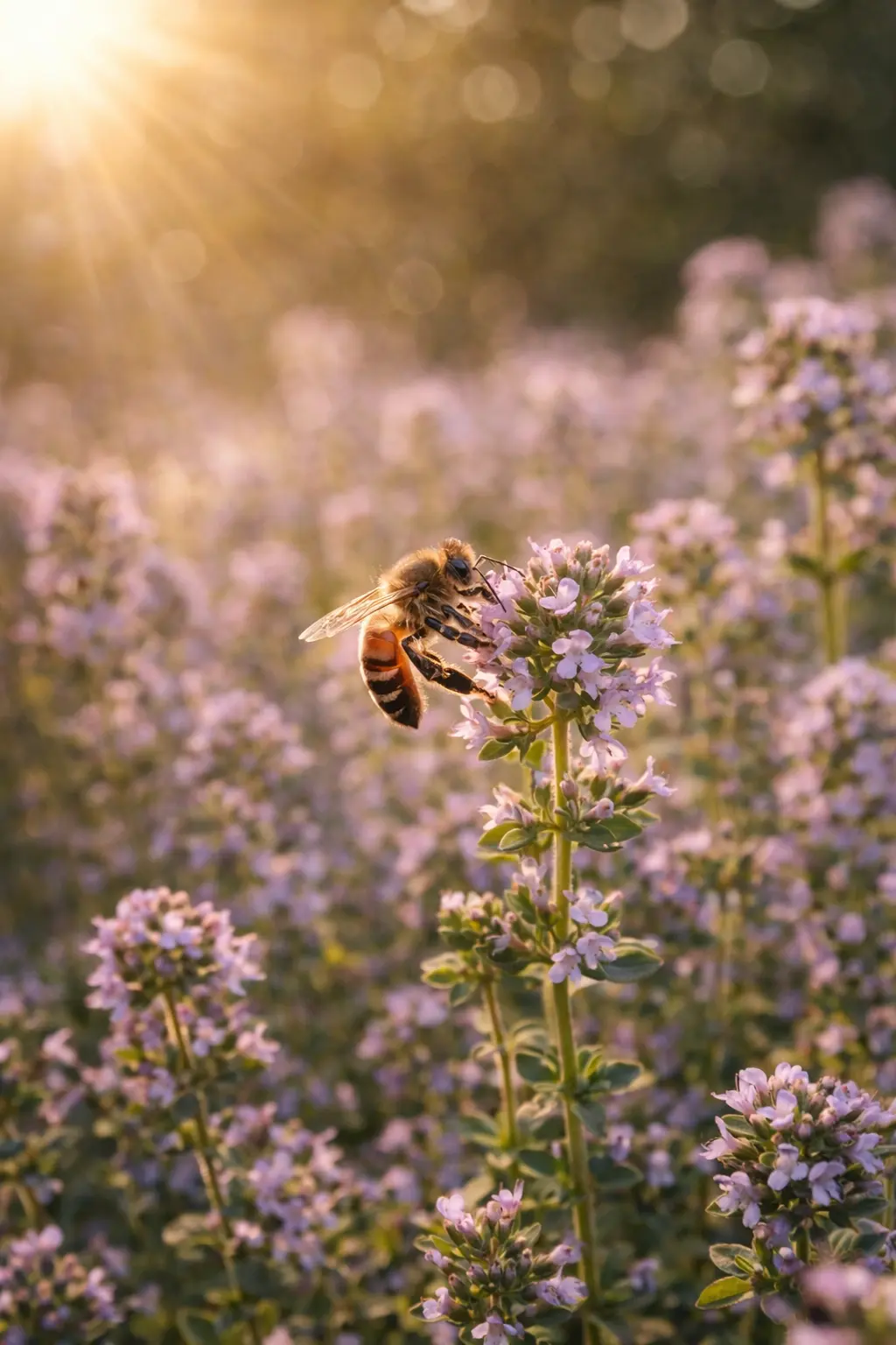Abeille et thym sous la lumière dorée Abeille butinant une fleur de thym dans une prairie mellifère