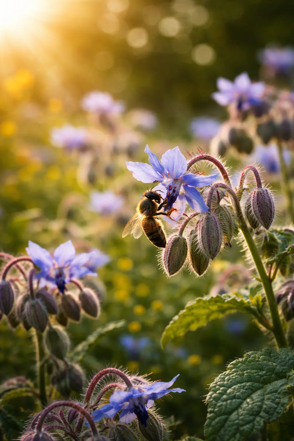 Abeille sur fleur de bourrache – plante mellifère riche en nectar Abeille butinant une fleur de bourrache bleue, plante mellifère riche en nectar