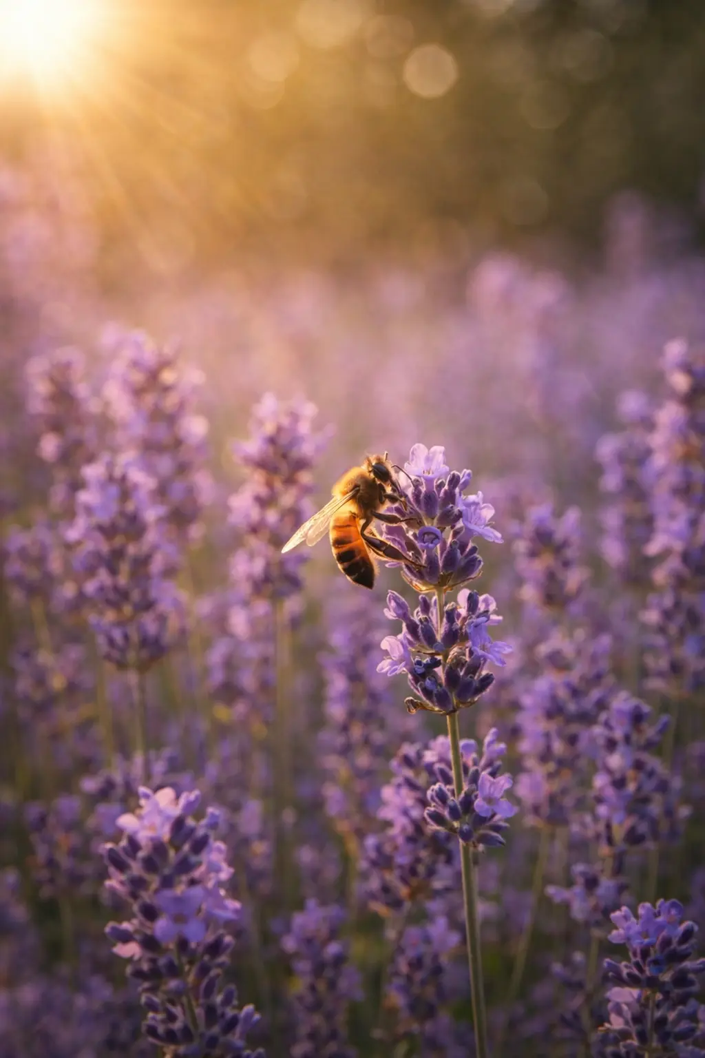 Abeille sur fleur de lavande au soleil Abeille butinant une fleur de lavande dans un champ de lavande mellifère