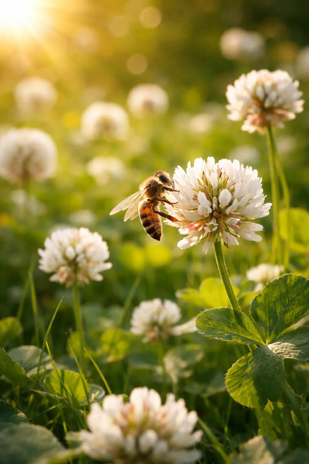 Abeille sur fleur de trèfle blanc Abeille butinant une fleur de trèfle blanc dans une prairie mellifère