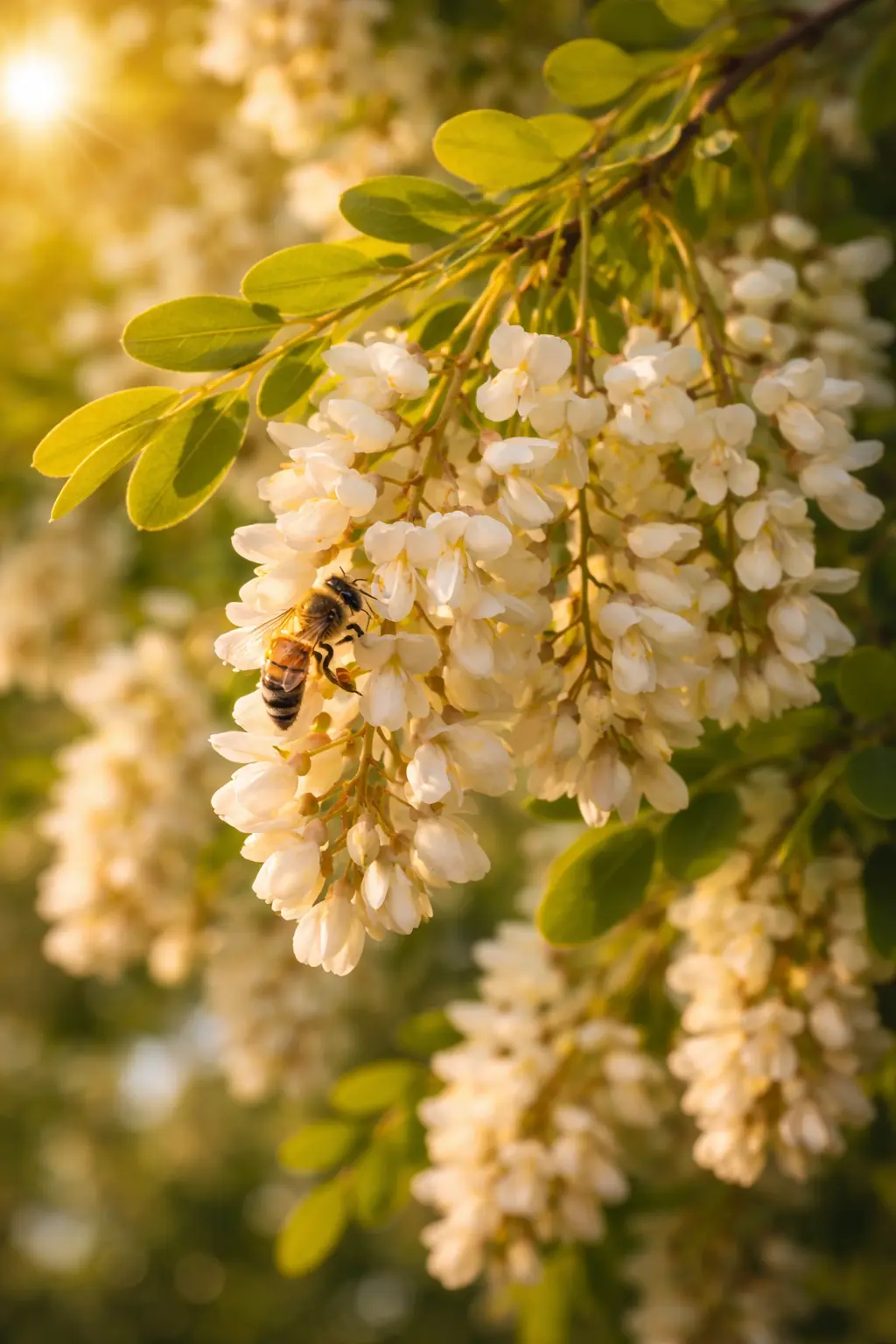 Abeille sur fleurs d'acacia blanc Abeille butinant des fleurs d’acacia sur un arbre mellifère