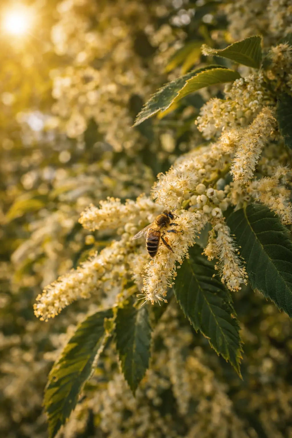 Abeille sur la chatagnier ensoleillée Abeille butinant des fleurs de châtaignier sur un arbre mellifère