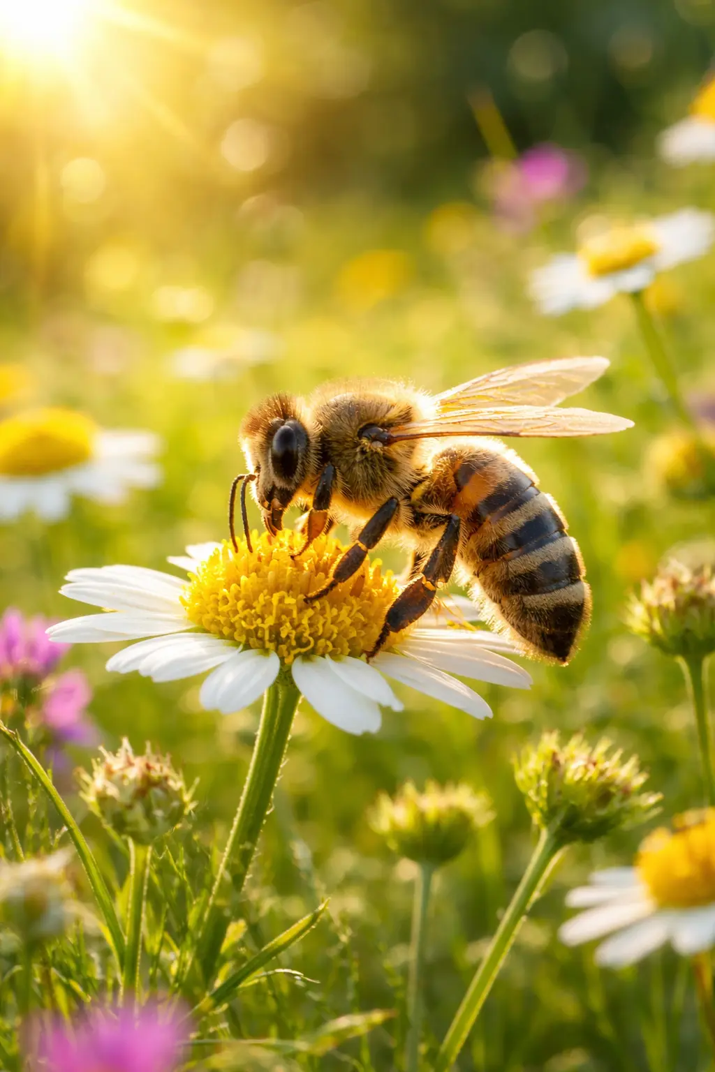 Abeille butinant une marguerite dans une prairie Abeille butinant une marguerite dans une prairie fleurie au soleil