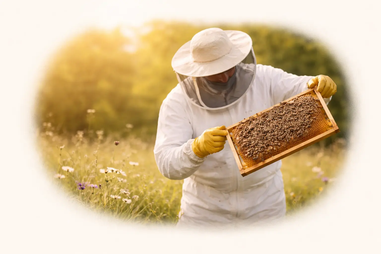 Apiculteur du Périgord tenant un cadre de ruche rempli d’abeilles