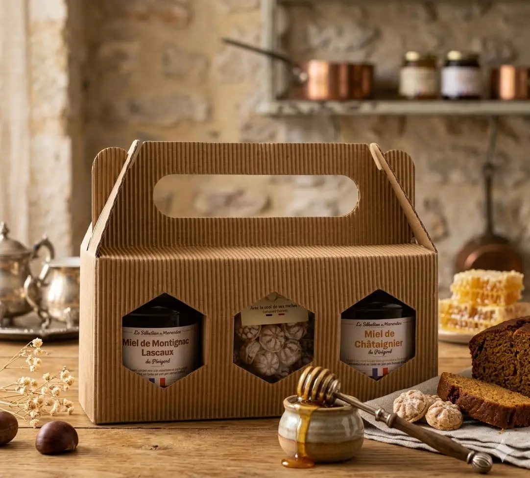 Coffret cadeau au miel du Périgord avec deux pots de miel et bonbons au miel du Rucher du Marandou