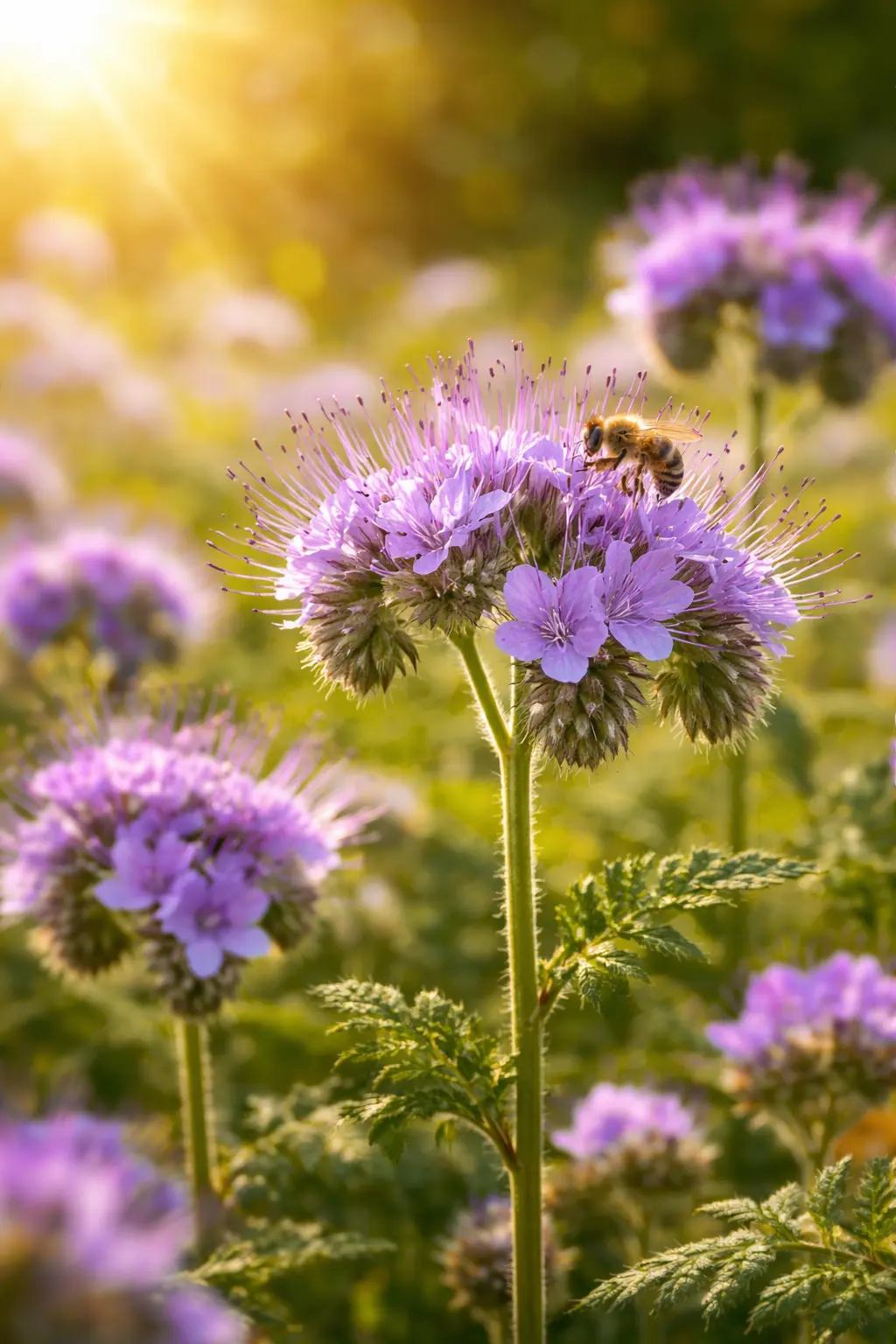 Abeille sur fleur de phacélie – plante mellifère riche en nectar Abeille butinant une fleur de phacélie, plante mellifère très riche en nectar