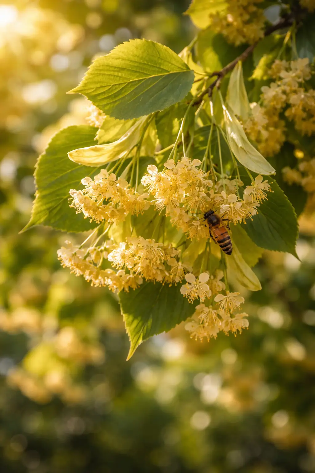 Fleur de tilleul et abeille Abeille butinant des fleurs de tilleul sur un arbre mellifère