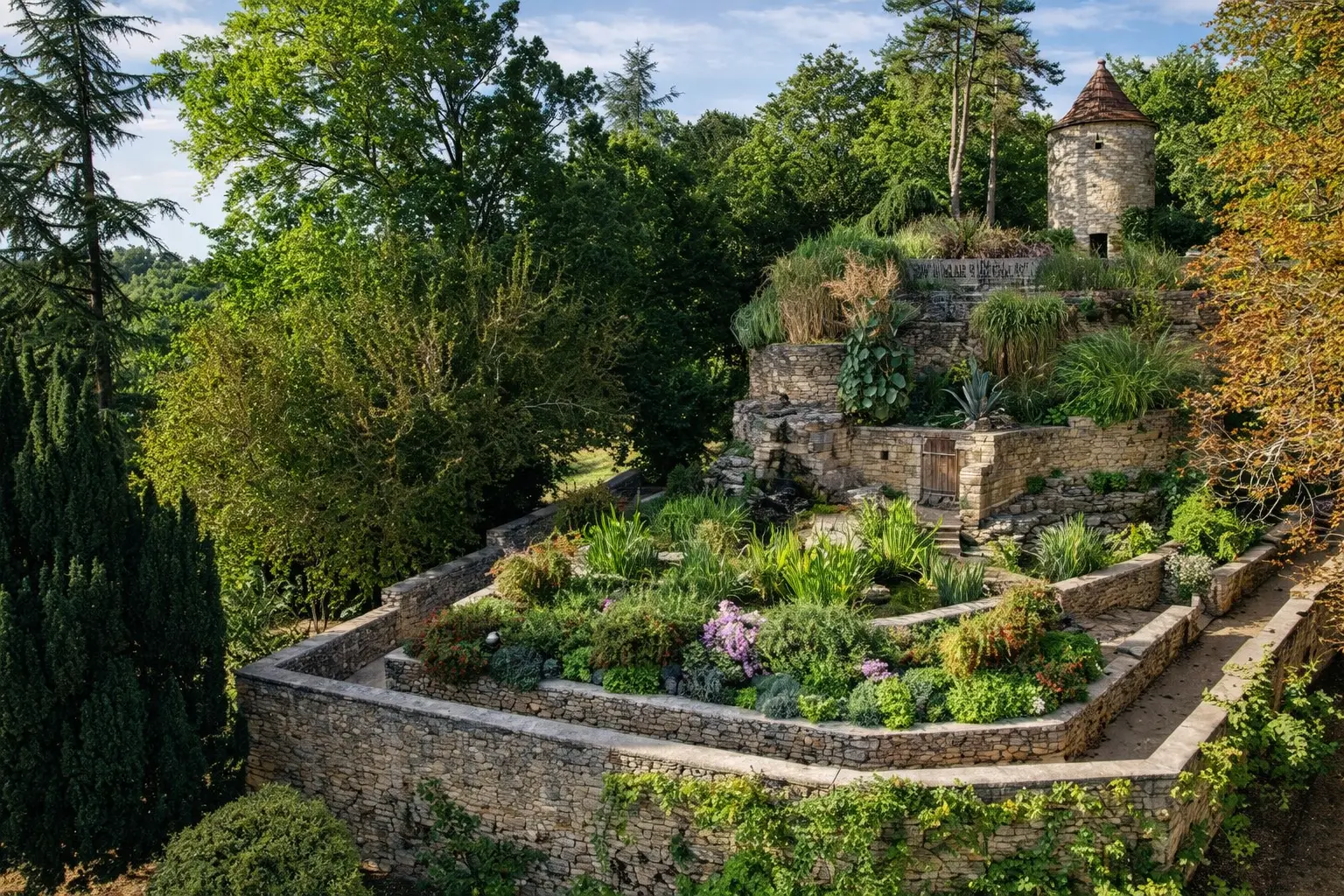 Jardins panoramiques de Limeuil en Dordogne avec vue sur les terrasses et végétation du Périgord près du Bugue