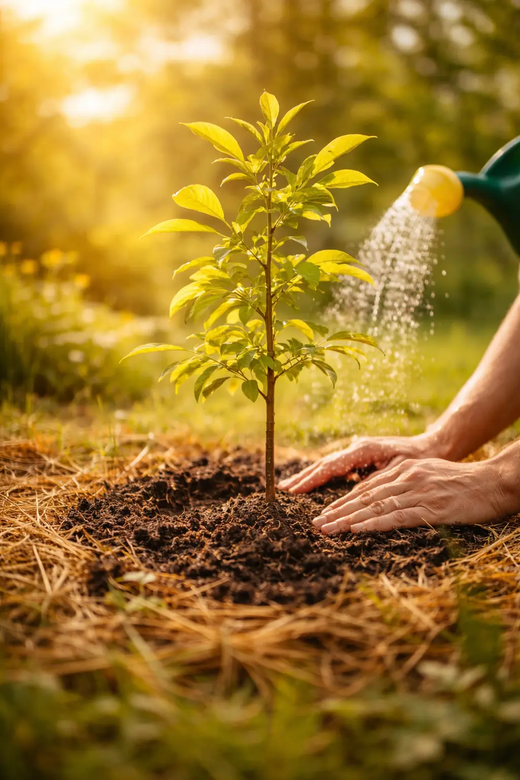 Planter un jeune arbre mellifère dans un jardin pour attirer les abeilles et favoriser la biodiversité